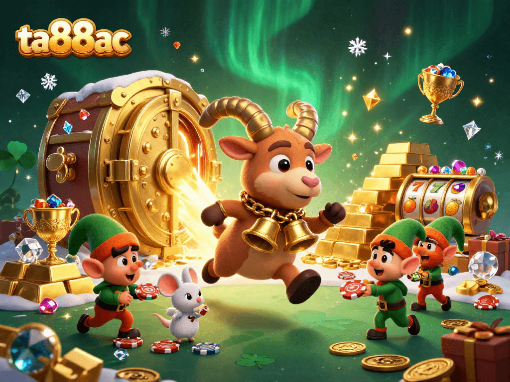Experience the thrill of ta88ac with a chaotic casino scene of cartoon characters and slot games.