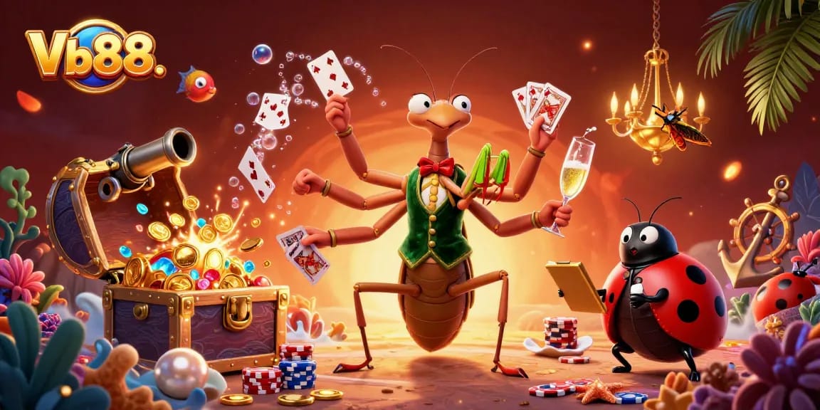Engage in the excitement of Vb88. with captivating 3D casino characters amidst dazzling treasures.