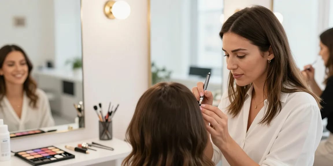 Permanente wenkbrauwen toepassing in een schoonheidssalon, met deskundige techniek en klanttevredenheid.