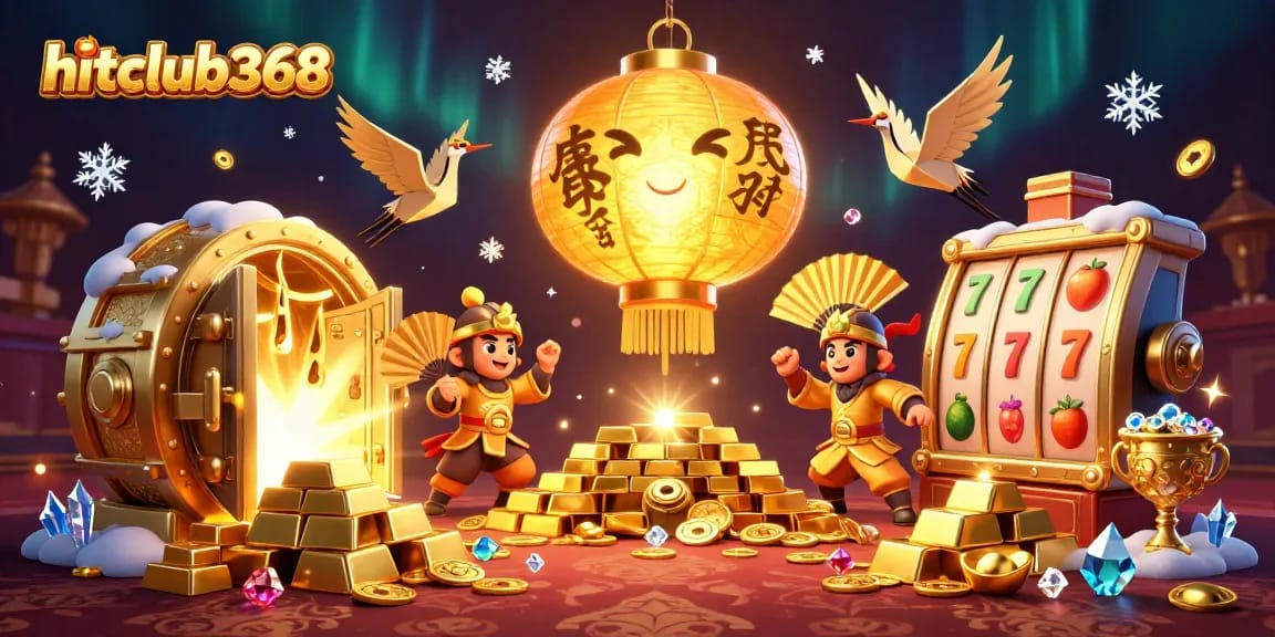 Experience the thrill of hitclub368 with a vibrant 3D casino illustration showcasing lucky symbols and treasures.