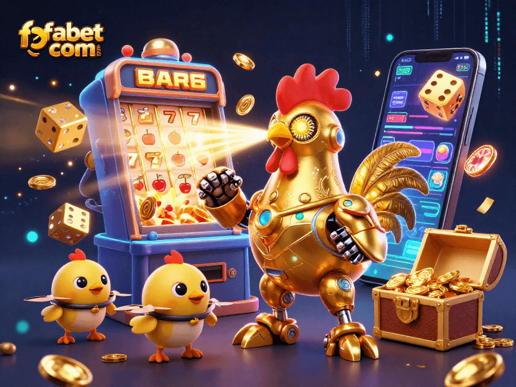 Experience the excitement with fabet com's vivid 3D casino illustration showcasing a golden rooster robot amidst a jackpot explosion.
