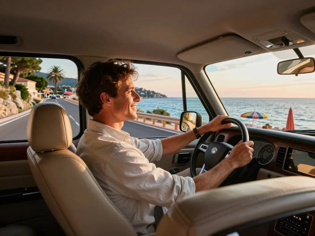Trajet en taxi de luxe à Saint Tropez avec vues panoramiques sur la mer Méditerranée et chauffeur professionnel.