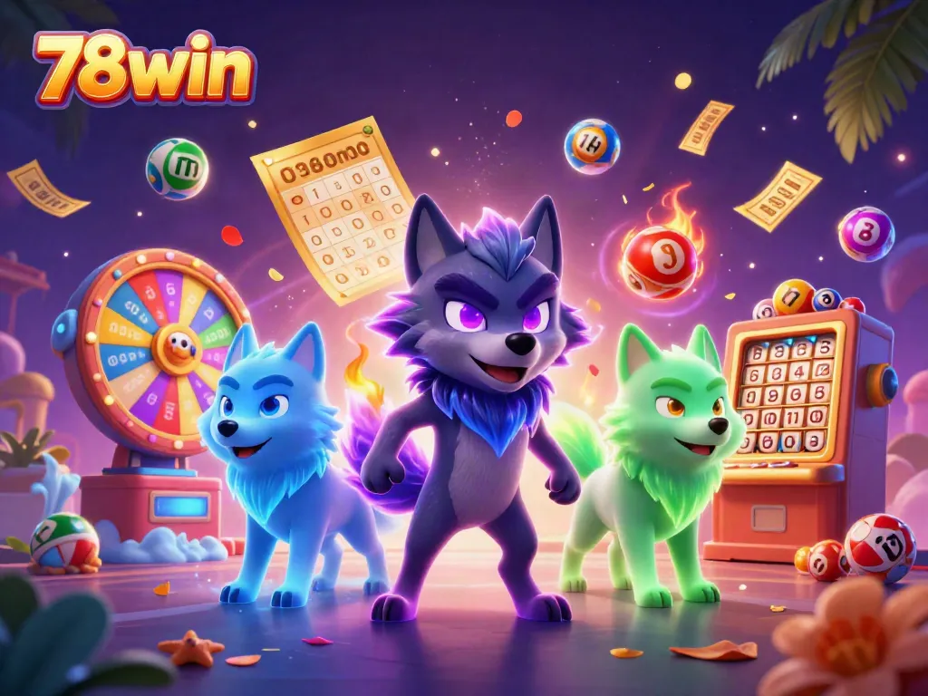 Engage in thrilling 78win lottery excitement with colorful balls, dynamic gaming elements, and spectral wolf characters.