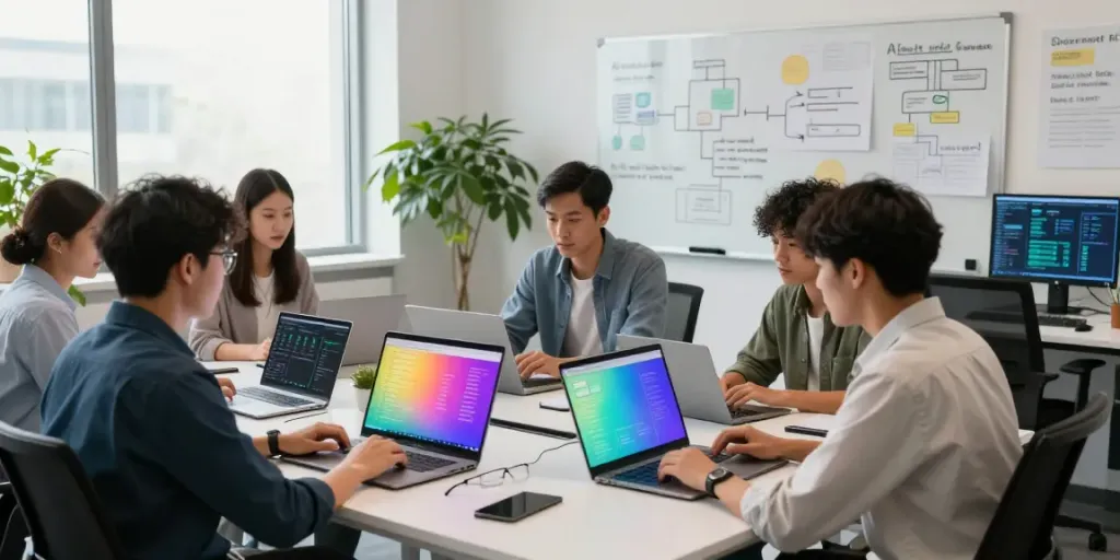 Team collaborating on AI prompt tracking in a modern office.