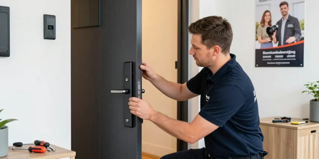 Kerntrekbeveiliging Arnhem installatie door slotenmaker bij moderne voordeur met gereedschap en licht interieur.