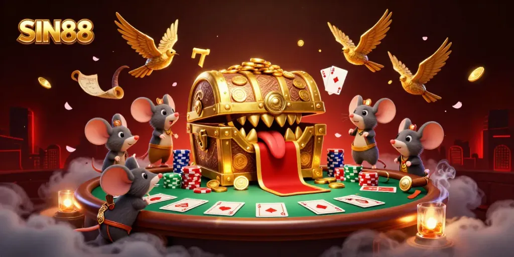 Experience the excitement of SIN88 with a vibrant casino scene featuring golden treasures, poker games, and rich visual detail.