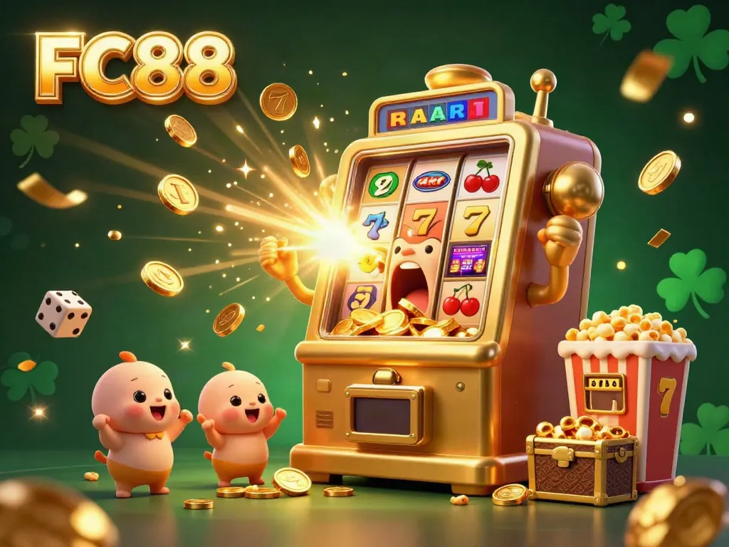 Experience excitement at FC88 with a golden slot machine celebrating its jackpot surrounded by cheering friends and casino elements.