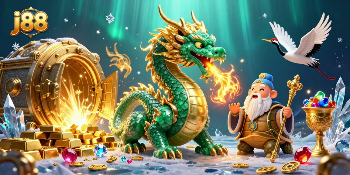 Experience thrilling wins with J88's emerald dragon and fortune elements in this vibrant casino scene.