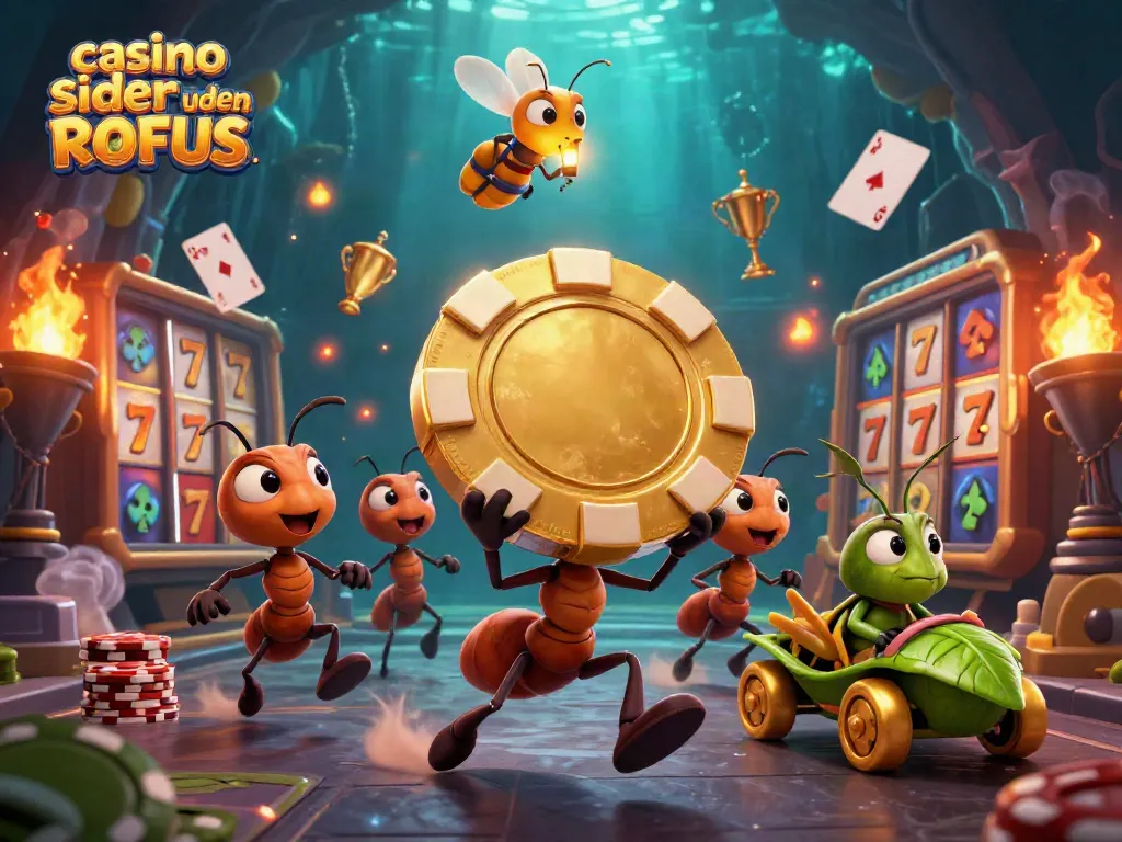 Engage with casino sider uden ROFUS as ants heist poker chips in a vibrant 3D casino world.