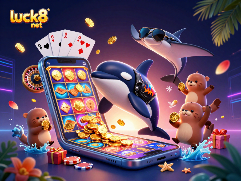 Experience the excitement of luck8 net with our vibrant casino-themed illustration featuring dynamic gaming elements.