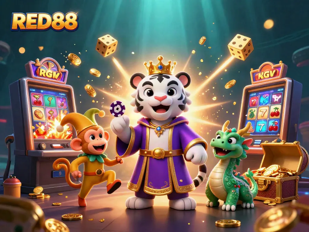 Experience the excitement of RED88 with a vibrant and dynamic casino illustration featuring a royal tiger and playful monkey.