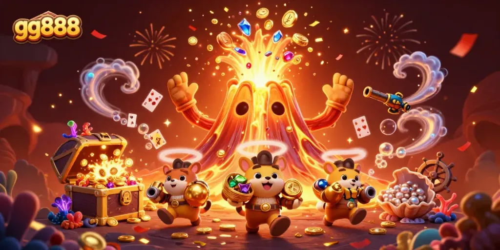 Engage with gg888's thrilling casino adventures featuring a golden volcano and treasures galore.
