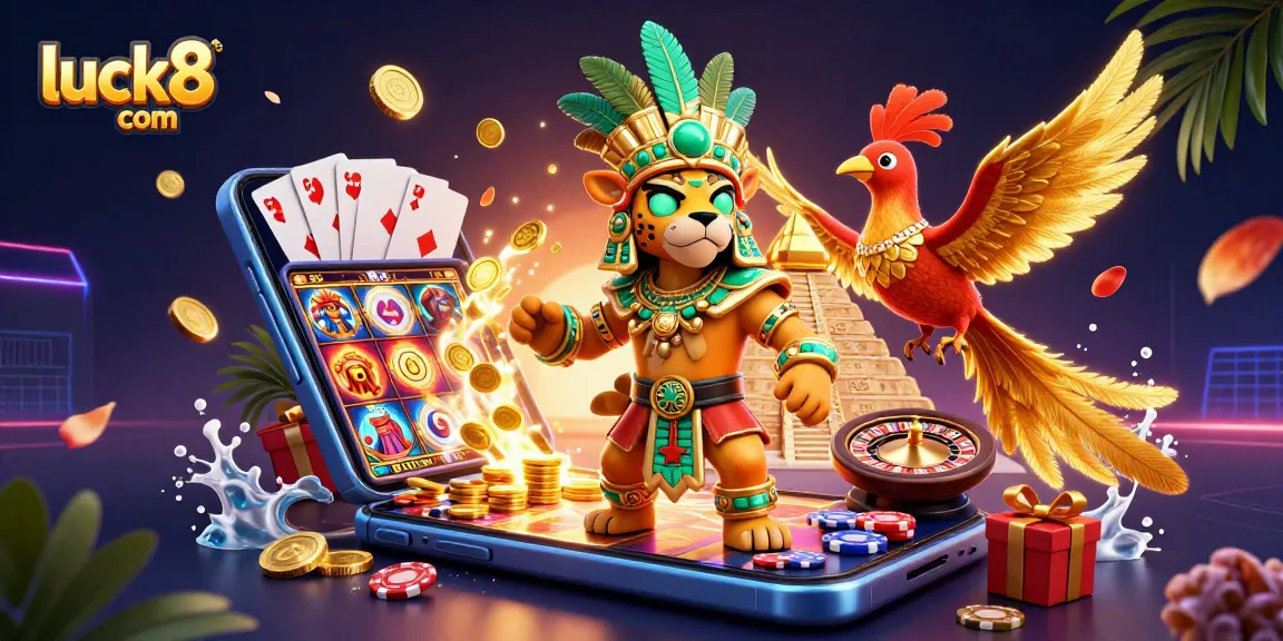 Engage with luck8 com's thrilling gaming experience with vibrant casino elements and dynamic characters.