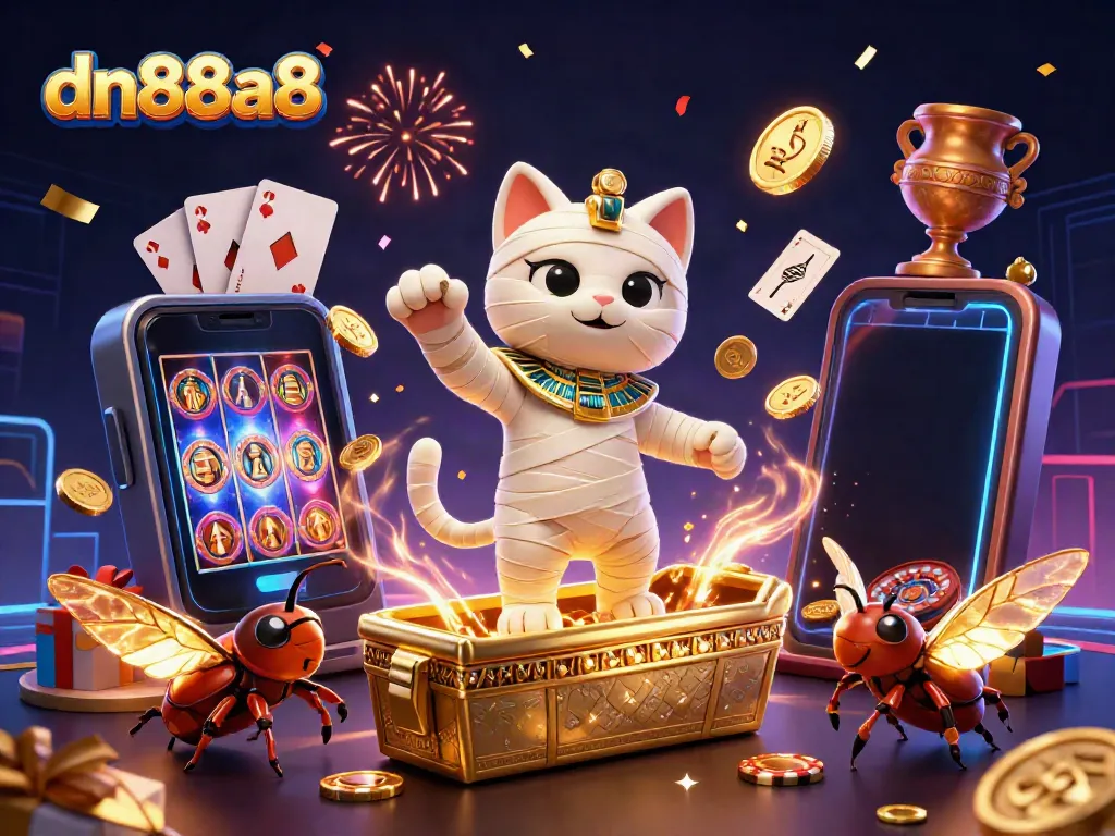 Experience thrilling action at dn88a8 with a vibrant illustration of an Egyptian mummy cat and a scarab beetle in a casino.