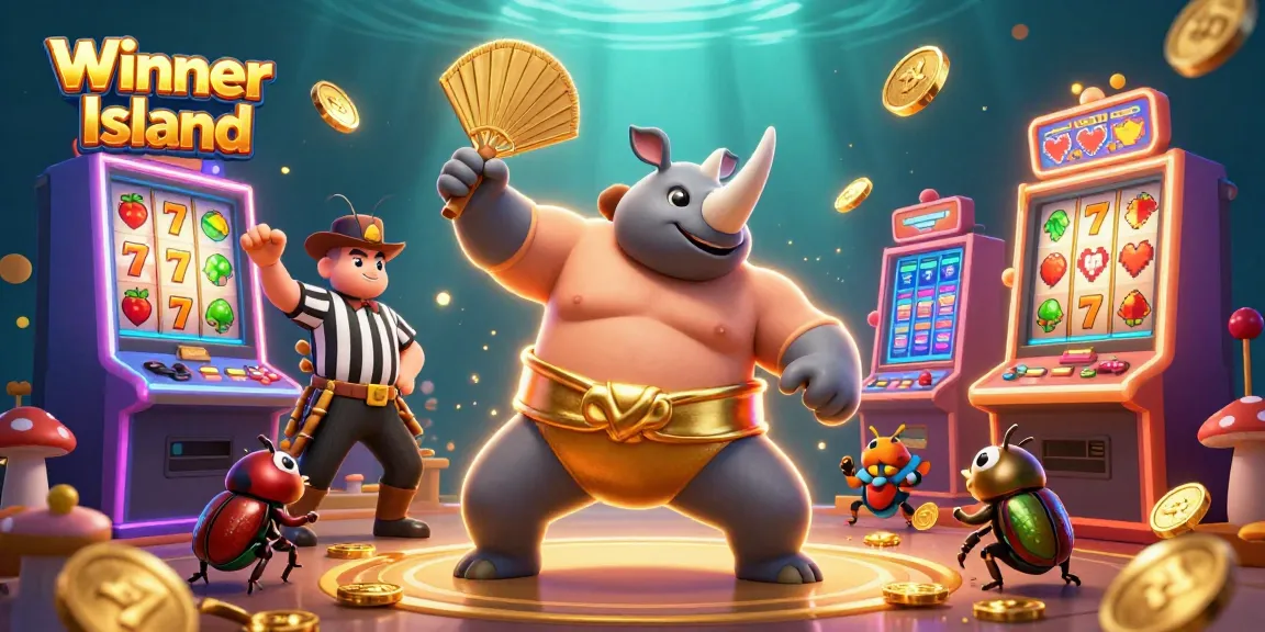 Experience the excitement of Winner Island with colorful slot machines and golden coins flying around.
