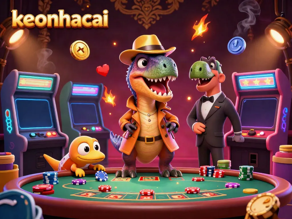 Experience keonhacai with a velociraptor at a blackjack table surrounded by vibrant casino elements.