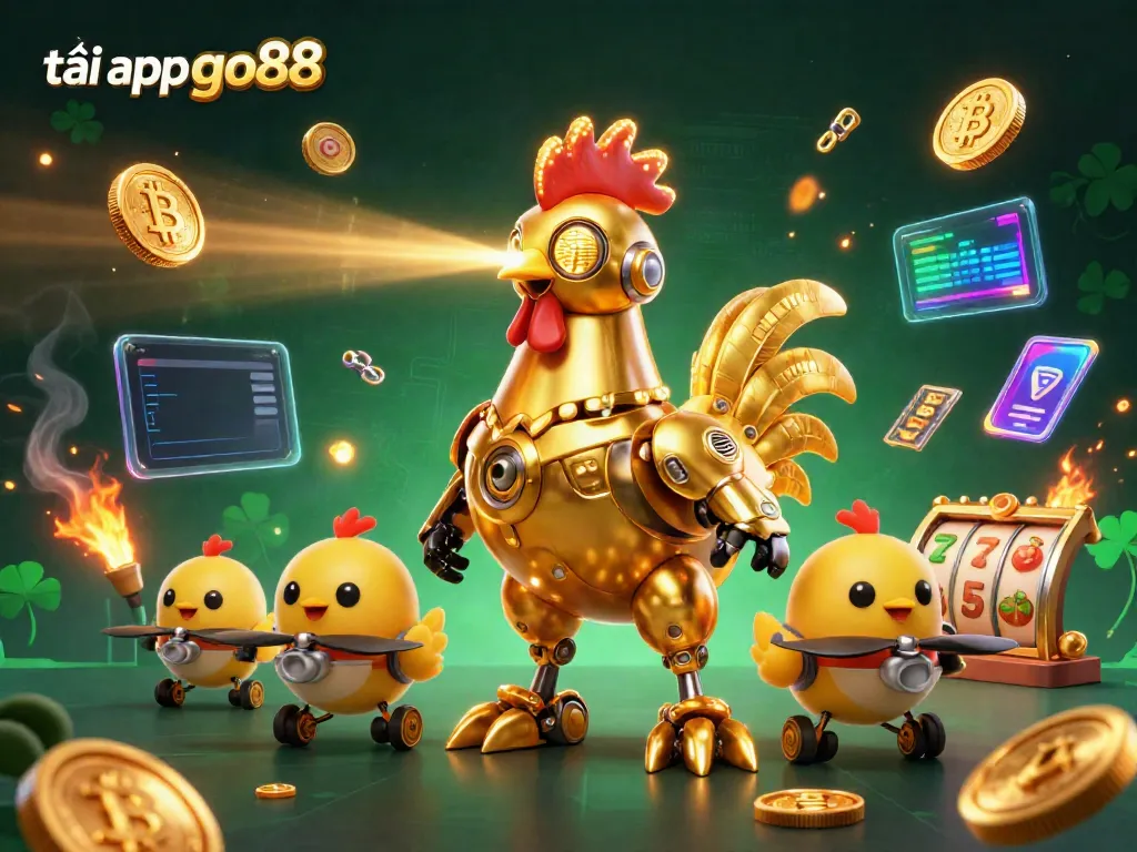 Engage with the vibrant scene featuring the golden rooster robot and crypto elements as you tải app go88 for thrilling gaming.