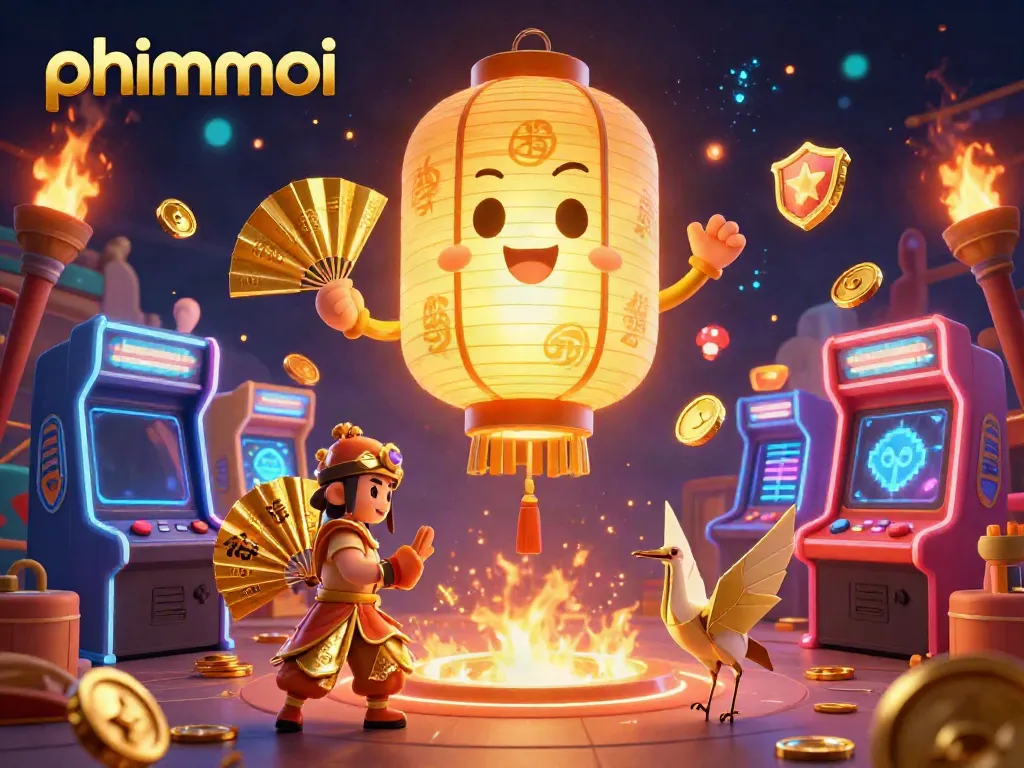 Experience vibrant gaming action with phimmoi's golden lantern spirit and arcade elements in a dazzling illustration.