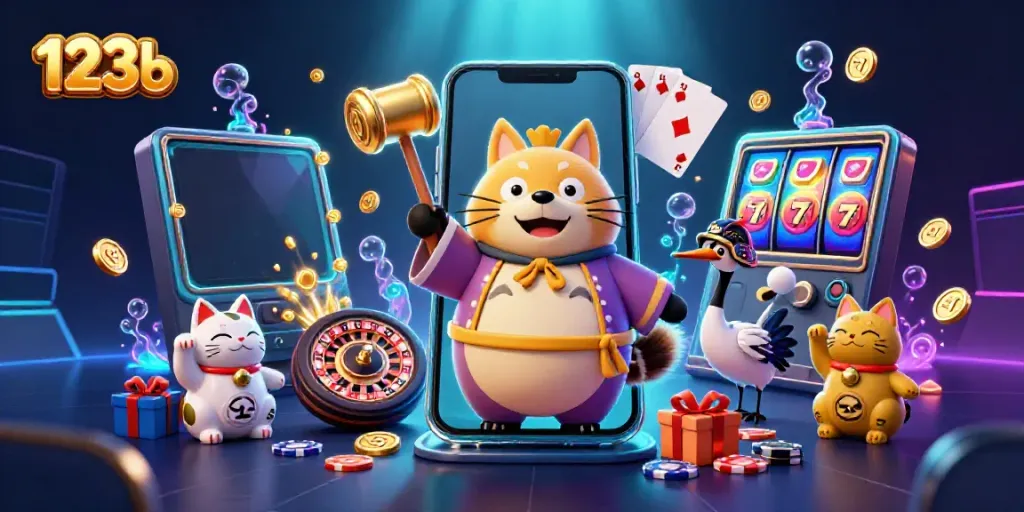 Immerse yourself in vibrant gaming with 123b, featuring playful characters and dynamic casino elements.