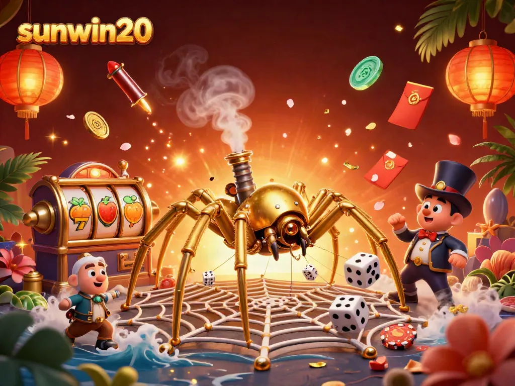 Experience thrilling action at sunwin20 where a steampunk spider traps dice amidst vibrant casino visuals.