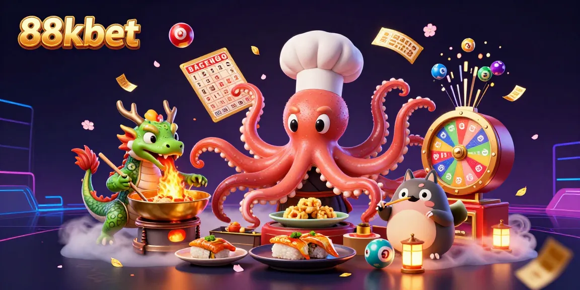 Engage with 88kbet's dynamic casino experience featuring colorful lottery balls, golden tickets, and vibrant characters.