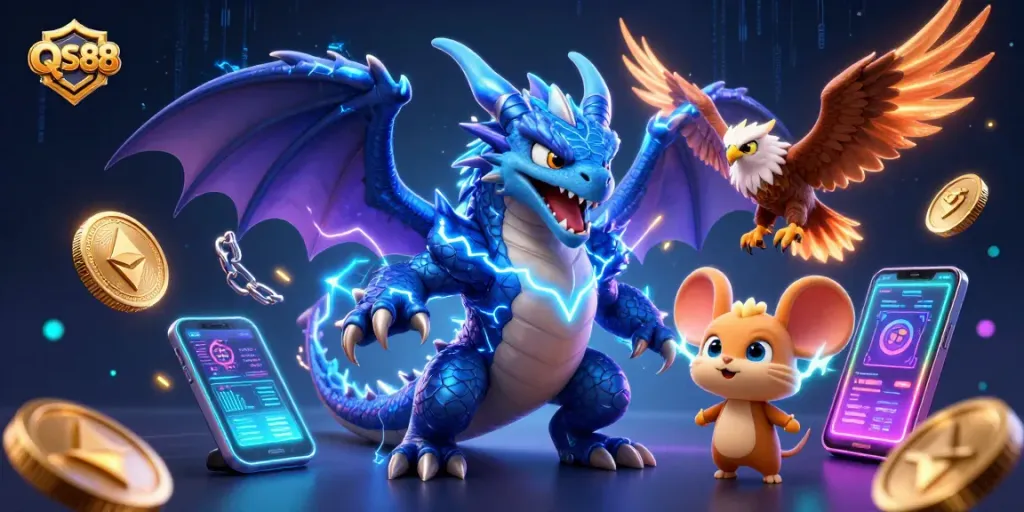 Engage in exciting gameplay at QS88 with animated characters amidst vibrant casino elements.