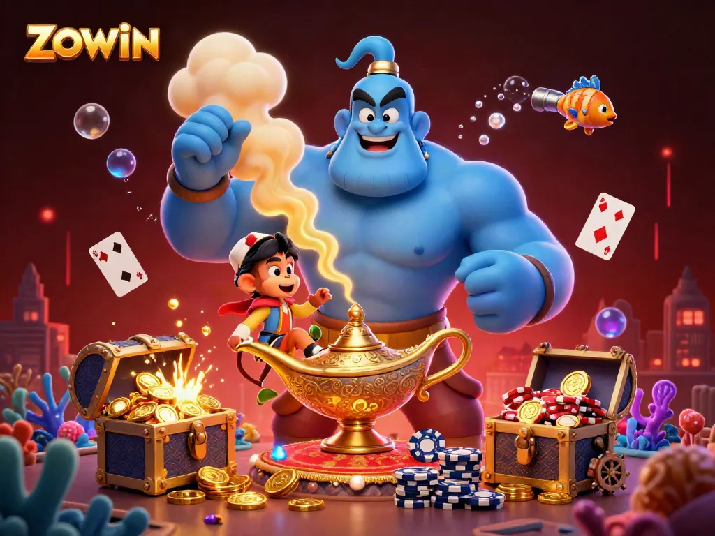 ZOWIN casino illustration featuring a genie, monkey, and poker chips in a vibrant setting.