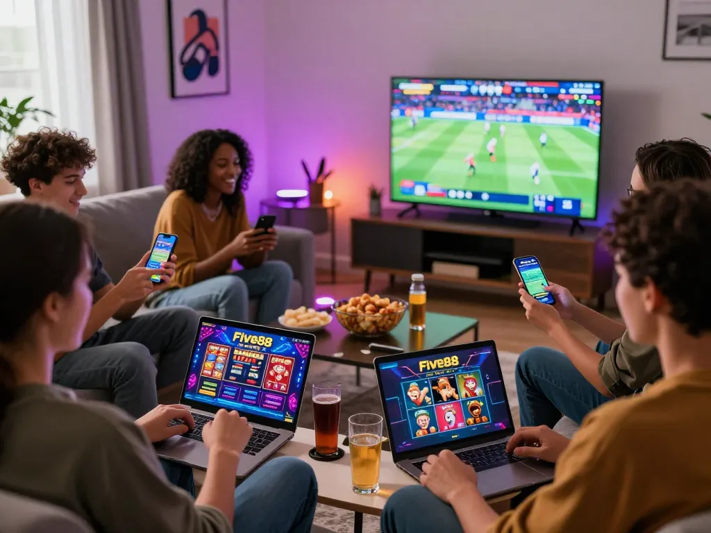 Enjoying Five88 online betting with friends on various devices in a lively living room.