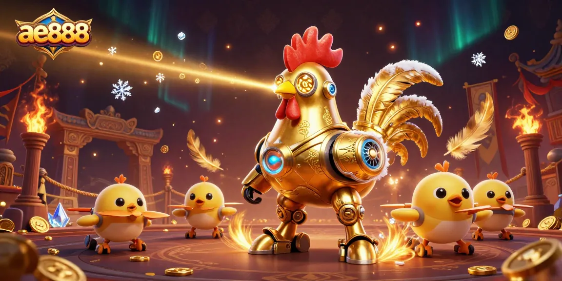 Engage in thrilling ae888 betting action with a dynamic scene featuring a golden rooster robot and baby chick drones.