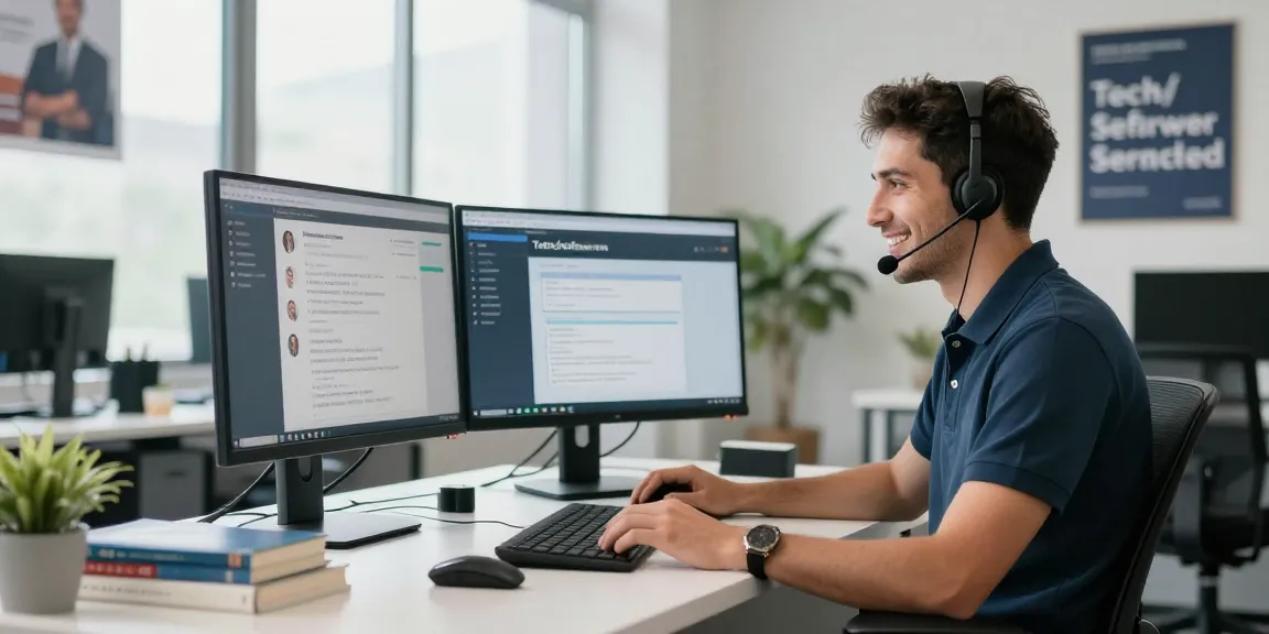 快连 technical support expert assisting users with a friendly approach in a modern office.