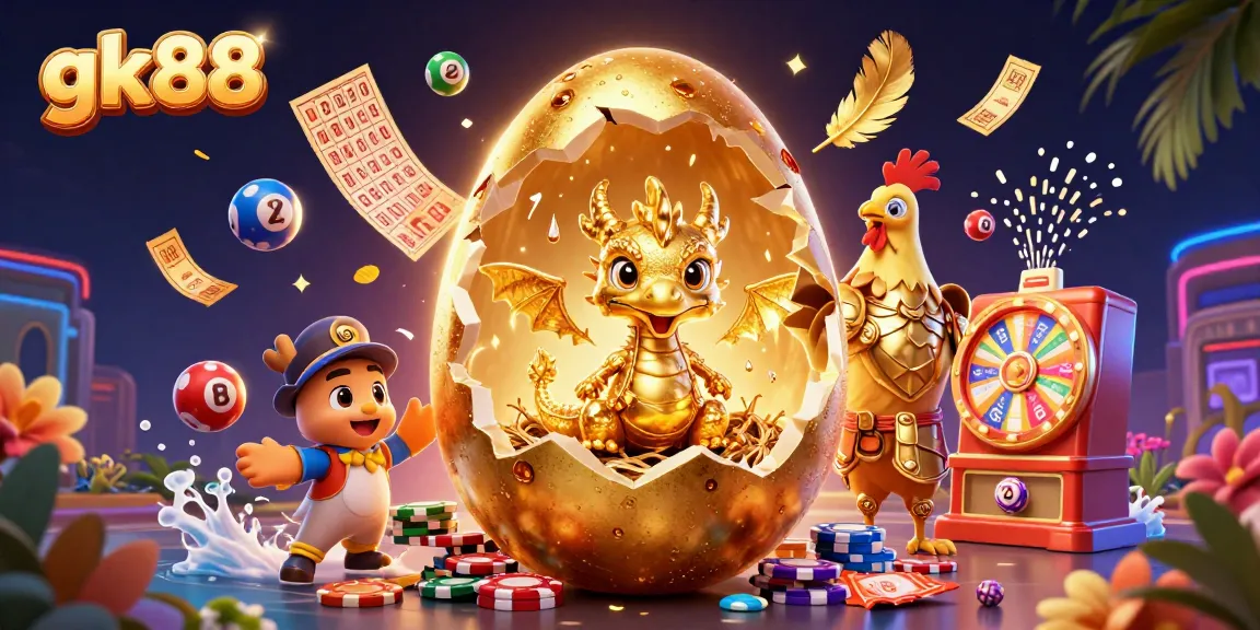 gk88 presents an exciting scene with a golden dragon and poker chips amid vibrant gaming elements.
