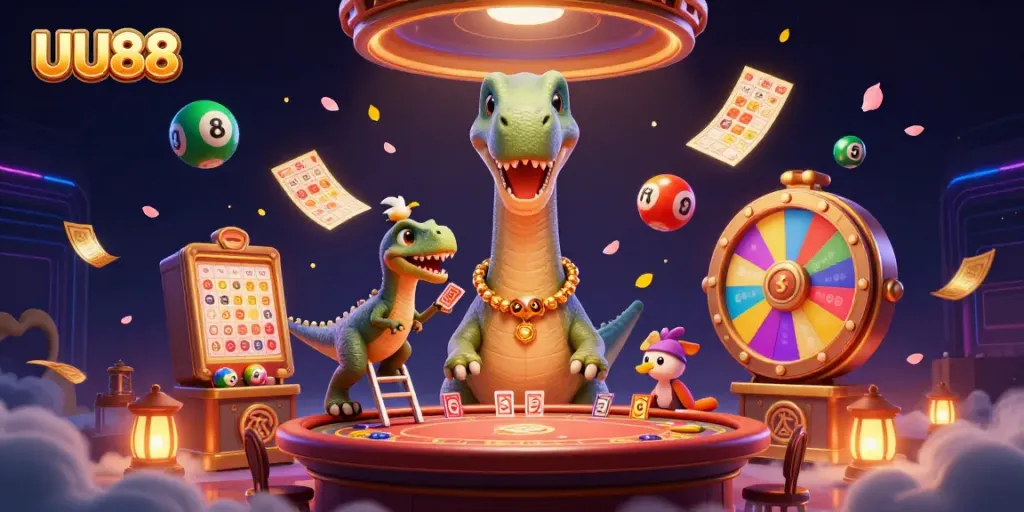 Experience the excitement of UU88 with vibrant 3D casino elements and unique characters.