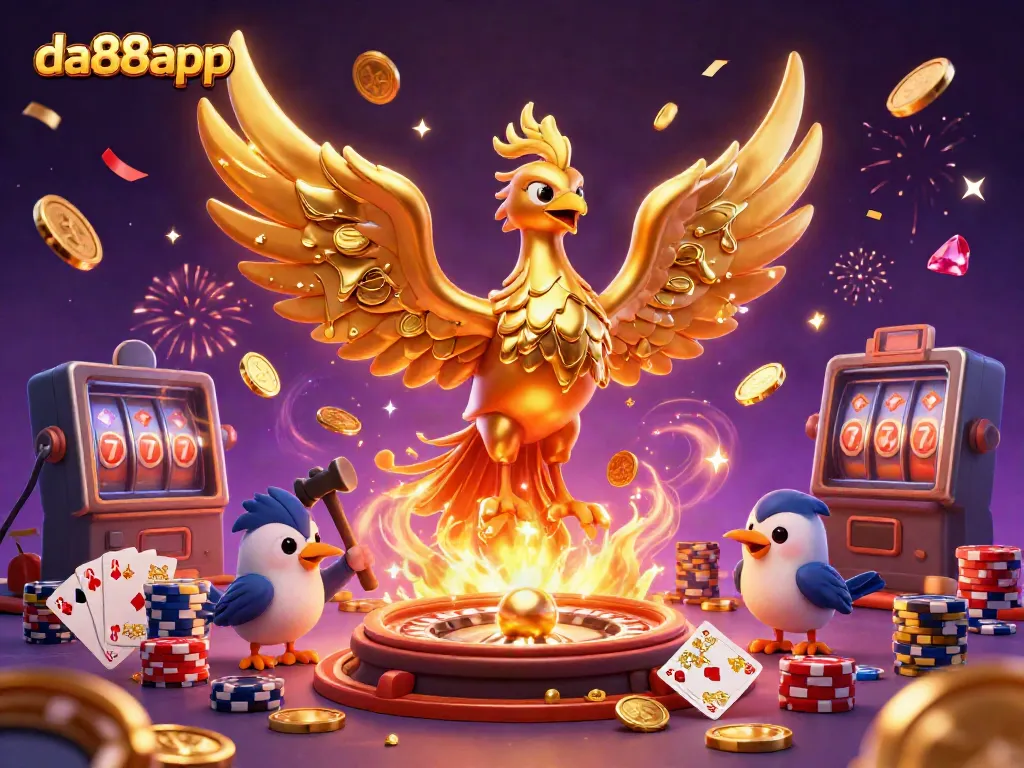 Experience dynamic gameplay action with da88app's golden phoenix, showcasing casino excitement through vibrant elements.