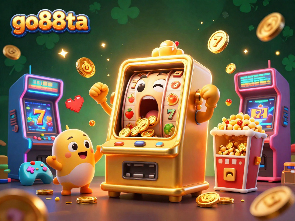 go88ta slots machine hitting jackpot with cheering characters and golden coins raining, vibrant 3D illustration.