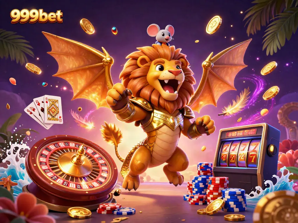 Experience thrilling gameplay with 999bet, featuring roaring chimera and dynamic casino elements.