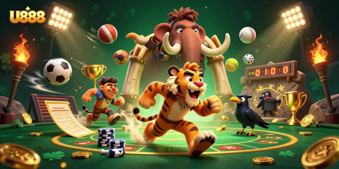 U888 gaming scene featuring a prehistoric casino with dynamic action and sports elements.