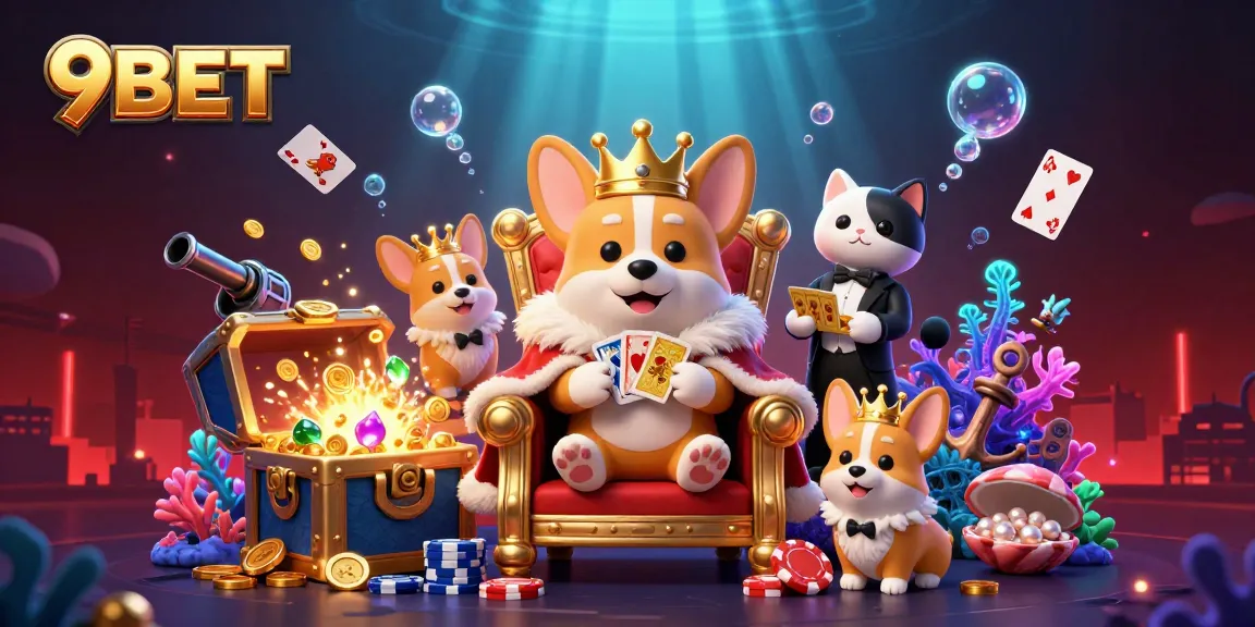 Join the excitement at 9BET with a royal corgi surrounded by dazzling games and treasures