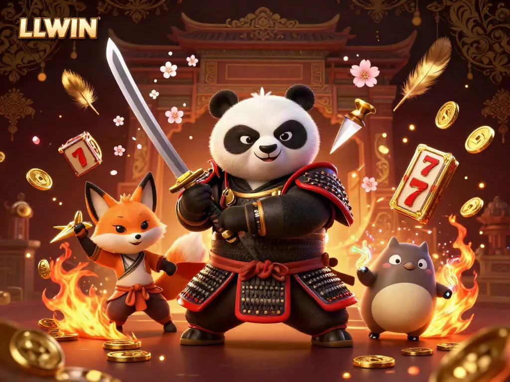 LLWIN samurai panda and ninja fox engage dynamically in an immersive casino-themed scene with slot elements.
