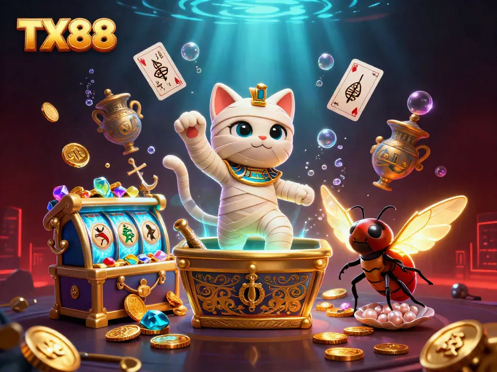 Experience thrilling moments with TX88's 3D mummy cat at a vibrant casino