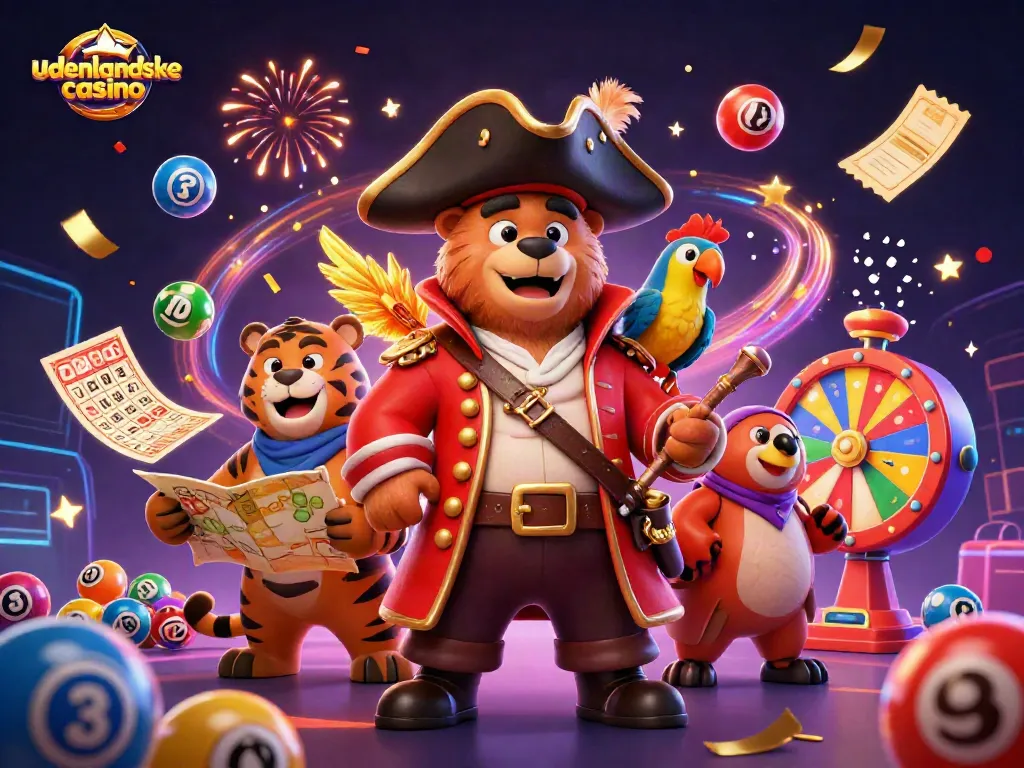 Engage in adventures at udenlandske casino with a vibrant illustration of a pirate bear, tiger mate, and treasure.