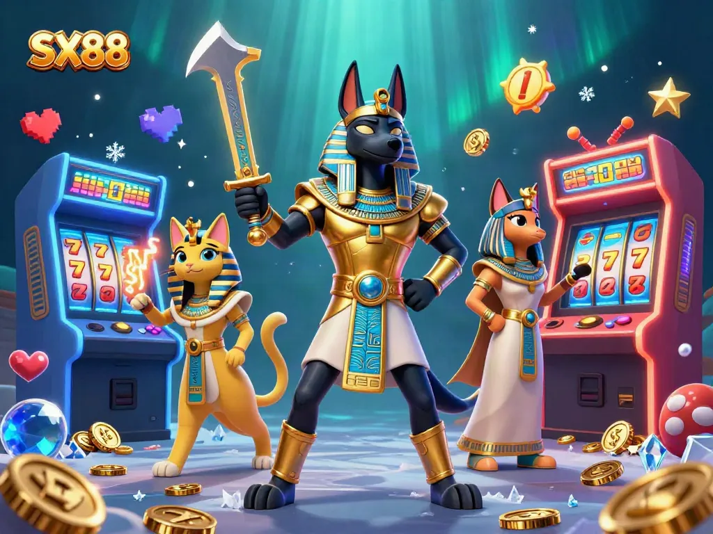 Spin the reels and explore the world of SX88 with vibrant casino elements and ancient Egyptian characters.