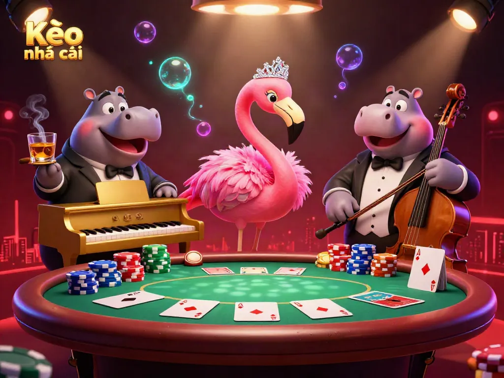 Engage with Kèo nhà cái as a glamorous lounge singer flamingo entertains alongside a hippo bassist amidst vibrant casino elements.