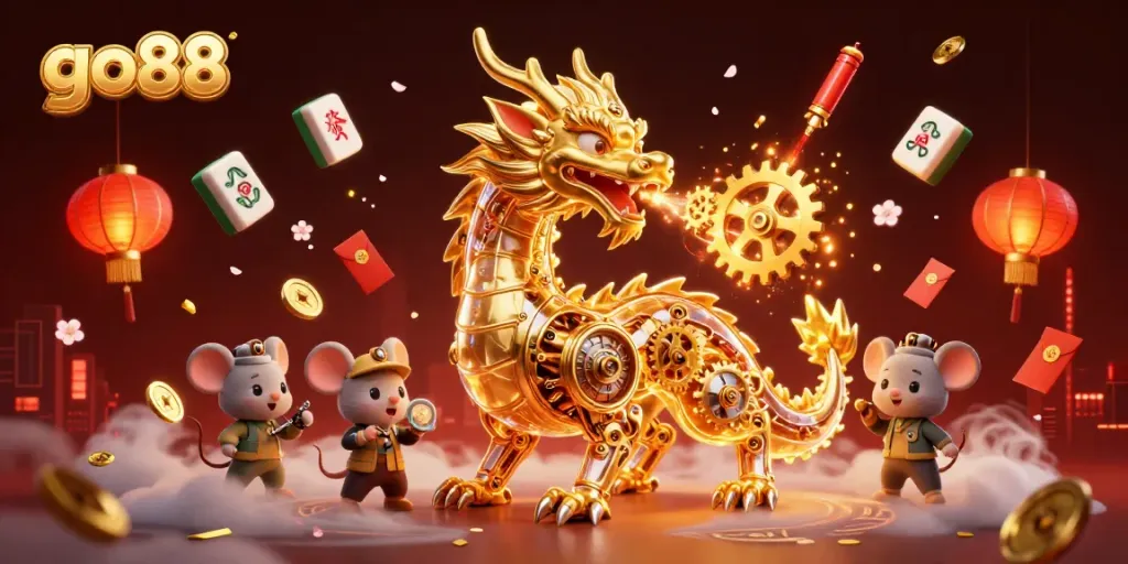 Experience the magical world of go88 with a golden dragon breathing gears and vibrant casino elements.