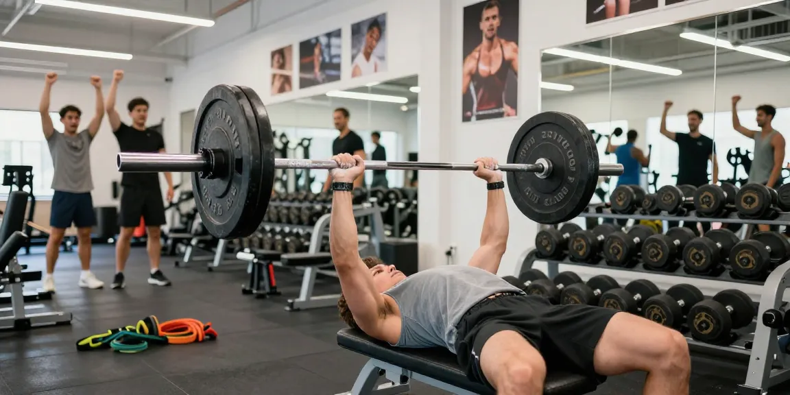 Prime Pharma Steroiden workout scene with athletic person bench pressing weights in a gym.