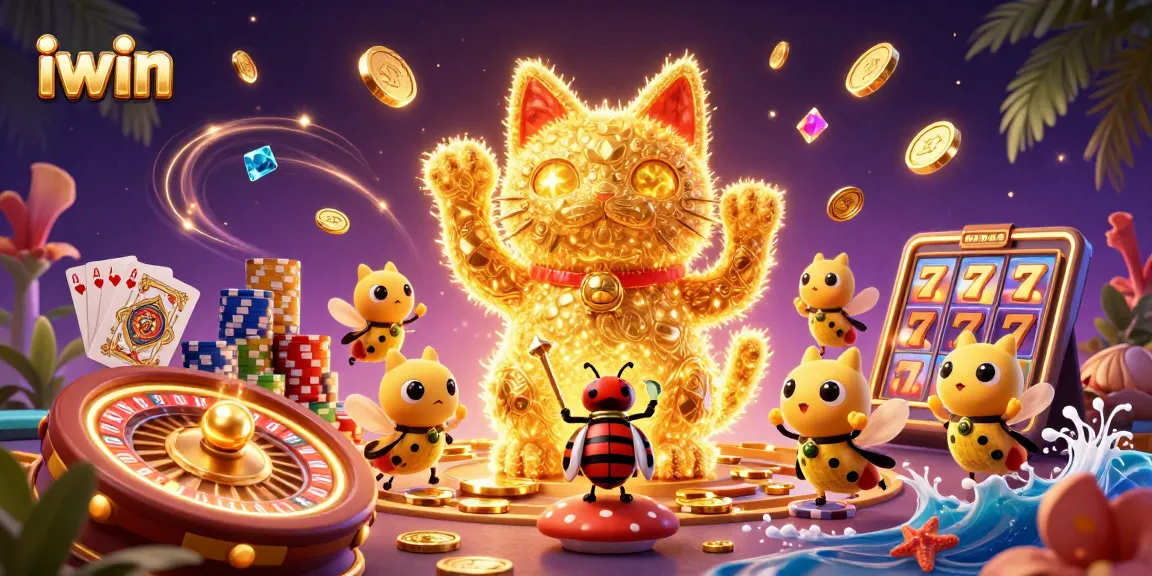 Engage in thrilling casino adventures with iwin's vibrant illustration showcasing games, coins, and a lucky cat.