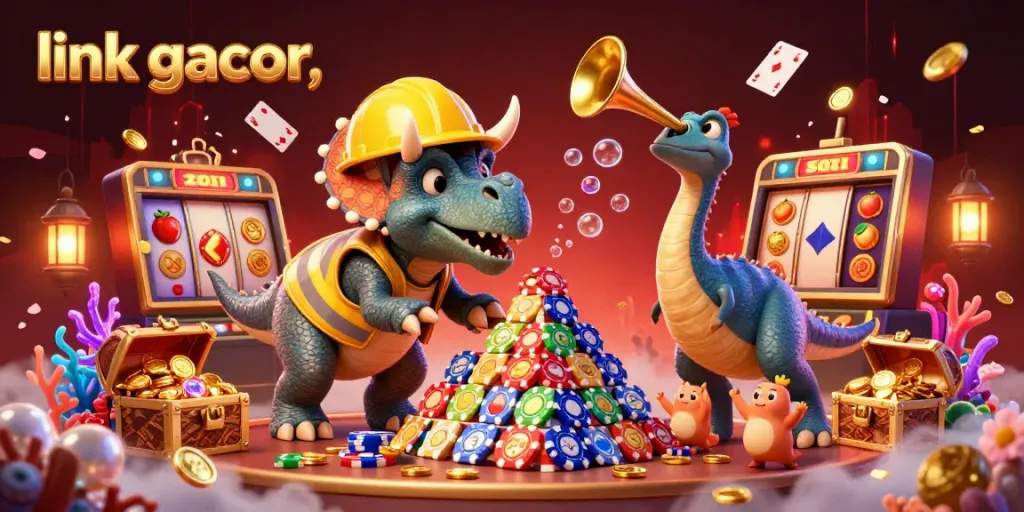 Experience thrilling wins with link gacor, featuring vibrant slot games and cheerful dinosaurs in a lively scene.