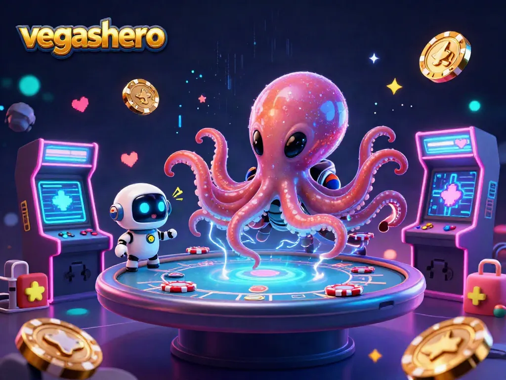 Experience exciting gaming action at vegashero with an alien octopus and poker table in a vibrant casino environment.
