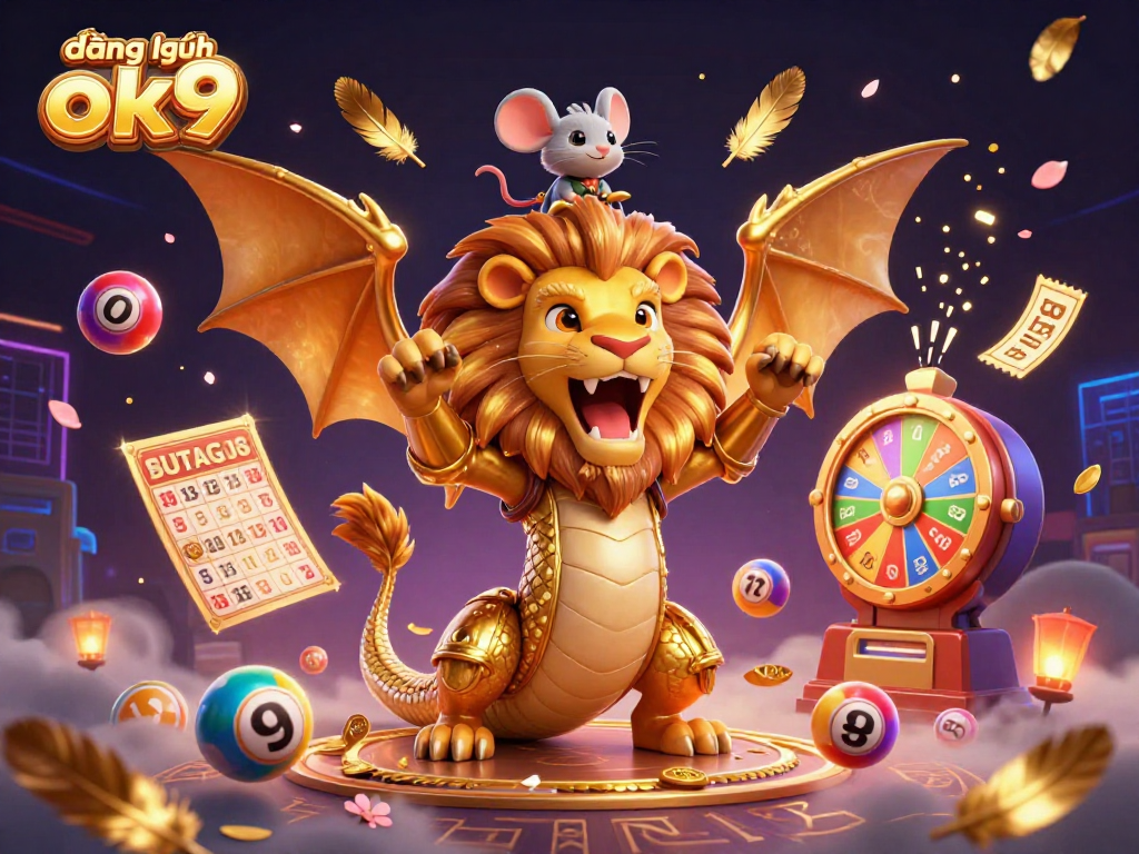 Win big at đăng nhập ok9 with vibrant gaming elements, including balls, bingo cards, and prizes.
