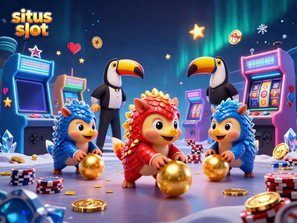 Vibrant scene showing rival pangolins in a slots showdown with colorful casino elements around, highlighting situs slot.