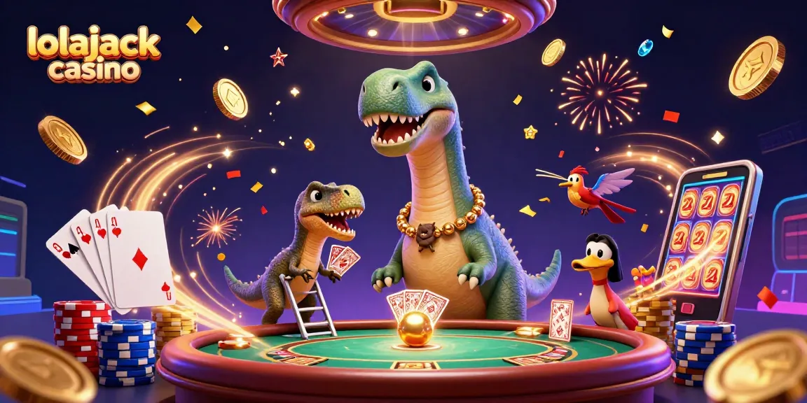 Experience the thrill of lolajack casino with a lively 3D scene featuring animated characters and vibrant casino elements.